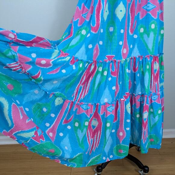Crown Ivy Maxi Dress XL Blue Pink Ikat Smocked Tie Tiered Swiss Dot Beach Preppy - Picture 6 of 14